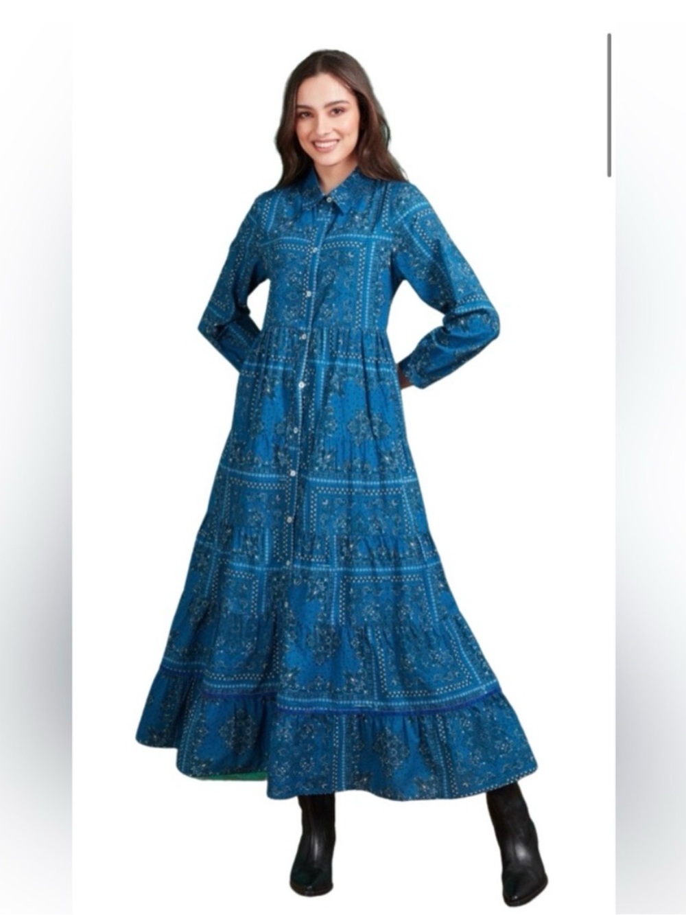 Blue Printed Long-Sleeve Maxi Shirt Dress